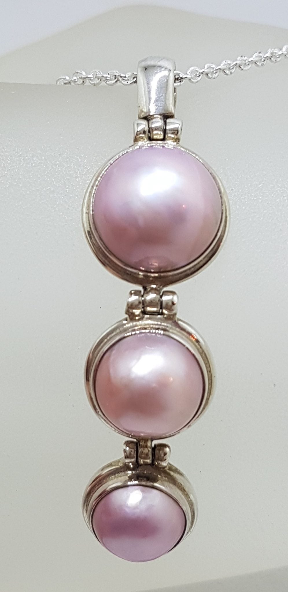Sterling Silver Round Pink Mabe Pearl Long Three Drop Pendant on Silver Chain