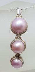 Sterling Silver Round Pink Mabe Pearl Long Three Drop Pendant on Silver Chain