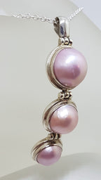 Sterling Silver Round Pink Mabe Pearl Long Three Drop Pendant on Silver Chain