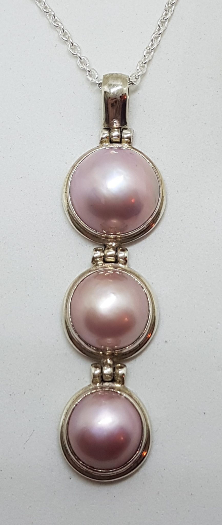 Sterling Silver Round Pink Mabe Pearl Long Three Drop Pendant on Silver Chain