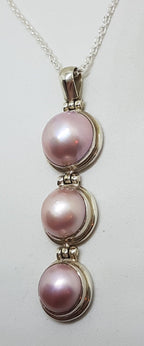 Sterling Silver Round Pink Mabe Pearl Long Three Drop Pendant on Silver Chain
