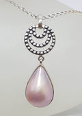 Sterling Silver Teardrop / Pear Shape Pink Mabe Pearl Long on Circle Drop Pendant on Silver Chain