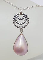 Sterling Silver Teardrop / Pear Shape Pink Mabe Pearl Long on Circle Drop Pendant on Silver Chain