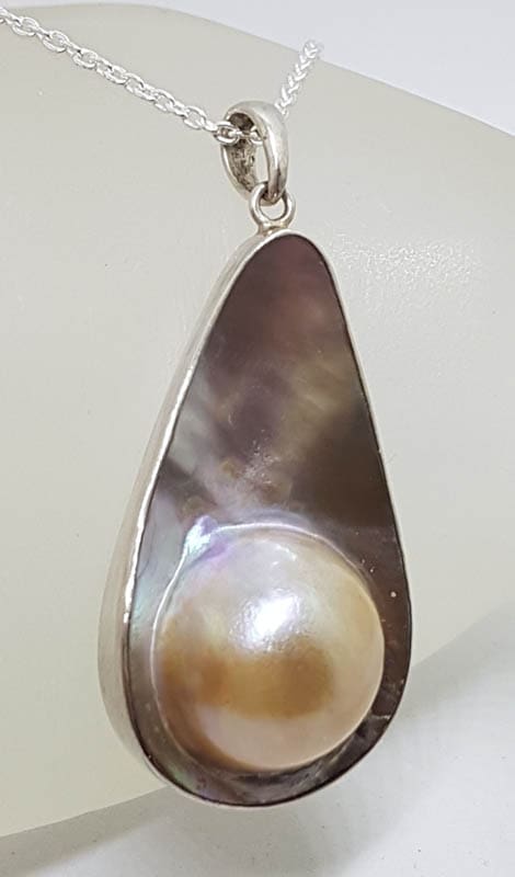 Sterling Silver Large Teardrop / Pear Shape Mabe Pearl Pendant on Silver Chain