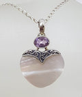Sterling Silver Mother of Pearl Heart with Oval Amethyst Ornate Pendant on Silver Chain