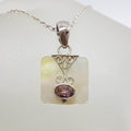 Sterling Silver Mother of Pearl Square with Oval Amethyst Ornate Pendant on Silver Chain