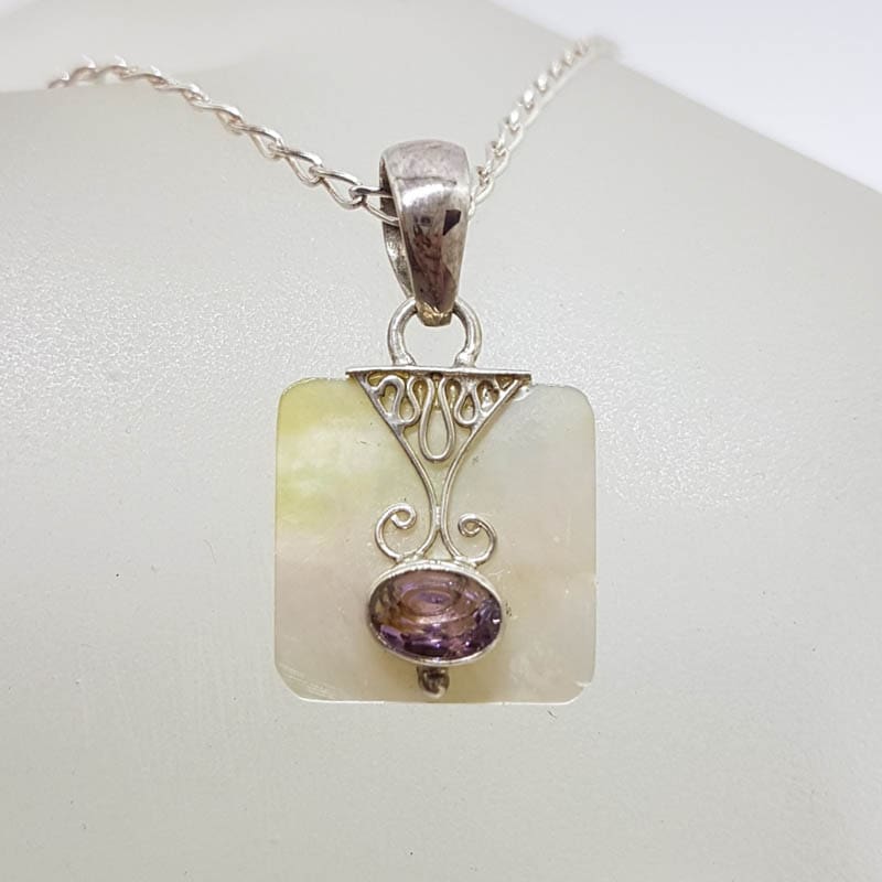 Sterling Silver Mother of Pearl Square with Oval Amethyst Ornate Pendant on Silver Chain