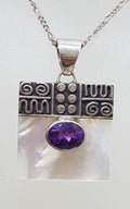 Sterling Silver Ornate Top Square Mother of Pearl with Oval Amethyst Pendant on Silver Chain