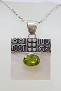 Sterling Silver Ornate Top Square Mother of Pearl with Oval Peridot Pendant on Silver Chain