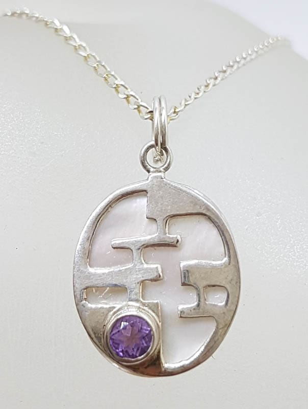 Sterling Silver Oval Mother of Pearl with Round Amethyst Pendant on Silver Chain