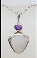 Sterling Silver Triangular Mother of Pearl with Oval Amethyst Pendant on Silver Chain