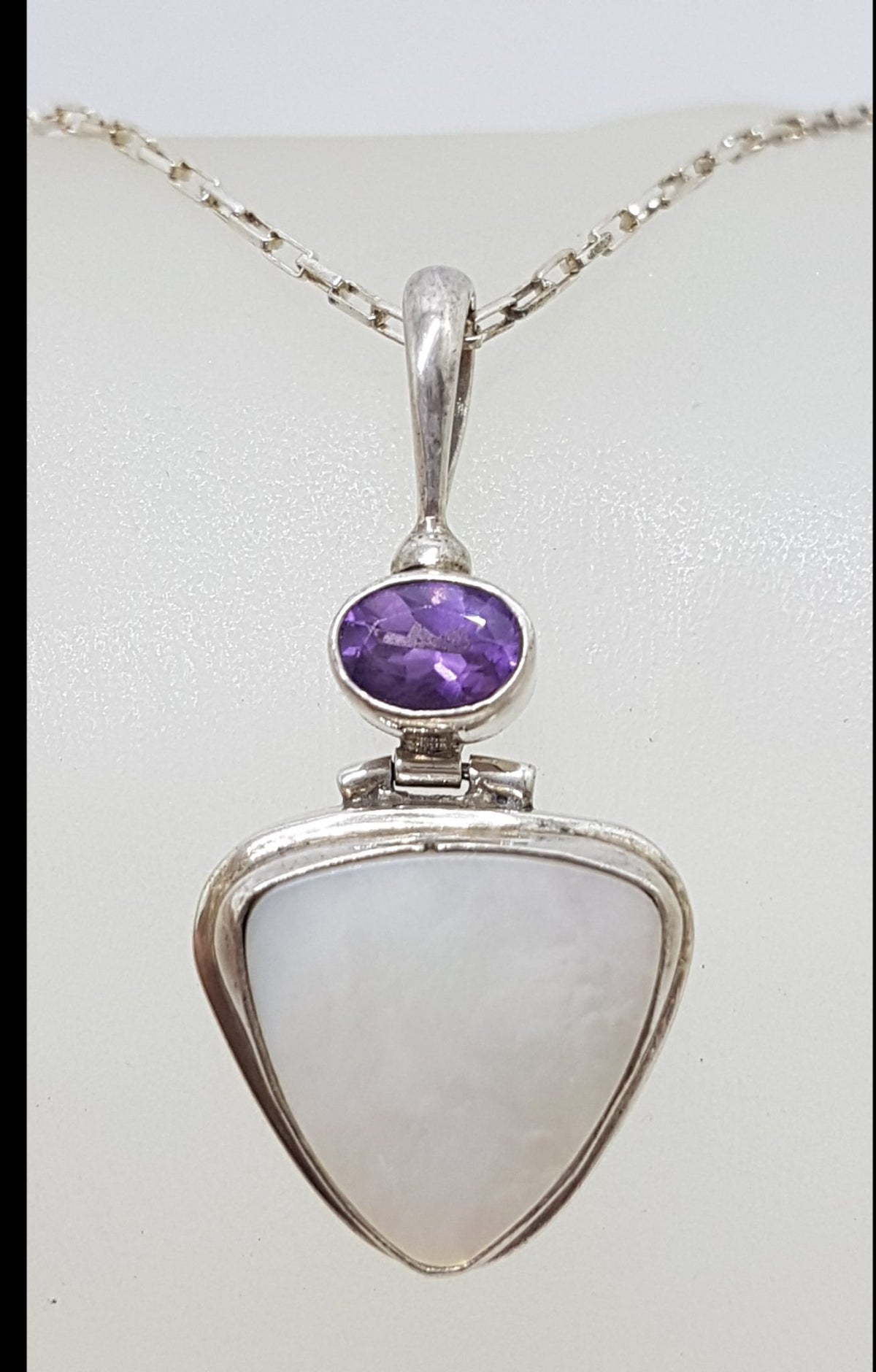 Sterling Silver Triangular Mother of Pearl with Oval Amethyst Pendant on Silver Chain