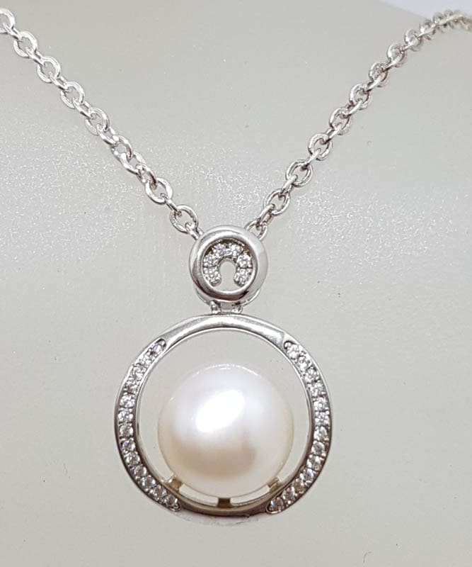 Sterling Silver Pearl with Cubic Zirconia Cluster Pendant on Silver Chain