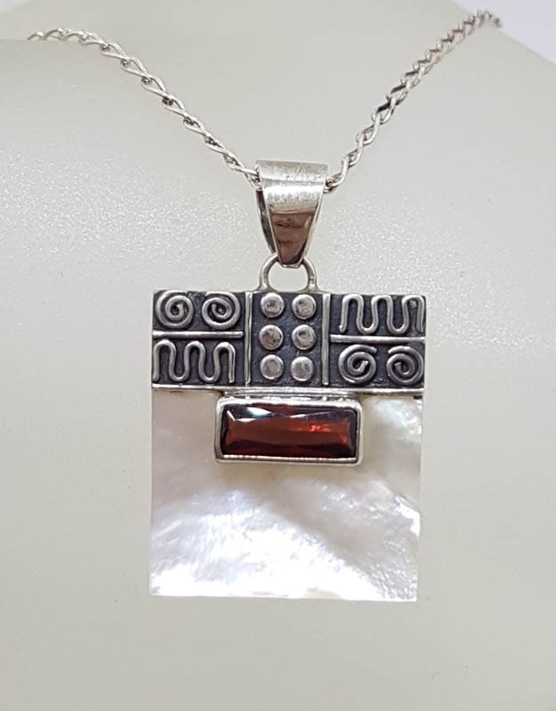 Sterling Silver Ornate Top Square Mother of Pearl with Rectangular Garnet Pendant on Silver Chain