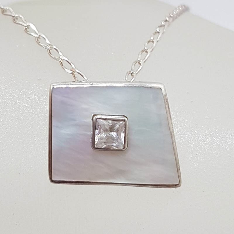 Sterling Silver Mother of Pearl with Cubic Zirconia Unusual Shape Pendant on Silver Chain