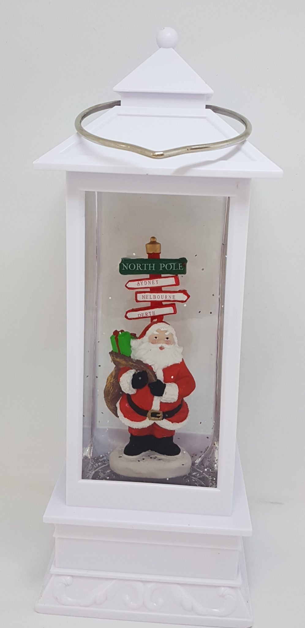 Christmas Glitter Lantern – Santa with North Pole Sign – Christmas Ornament Design #24 - White
