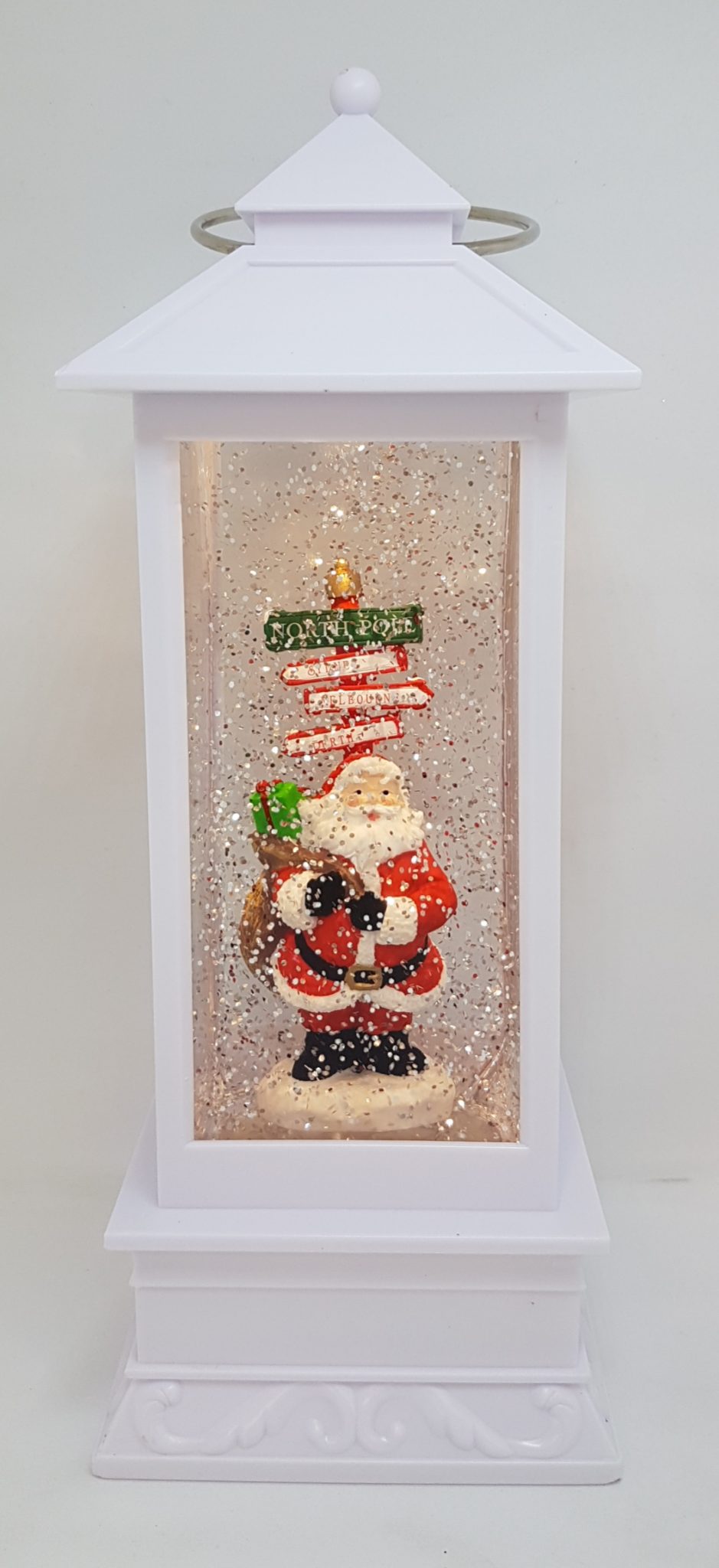 Christmas Glitter Lantern – Santa with North Pole Sign – Christmas Ornament Design #24 - White