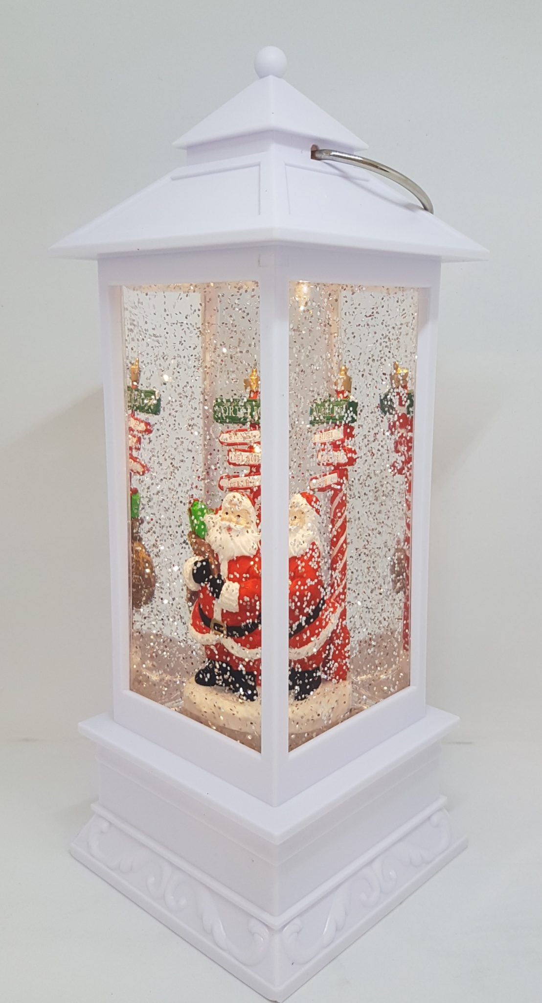Christmas Glitter Lantern – Santa with North Pole Sign – Christmas Ornament Design #24 - White