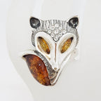 Sterling Silver Large Natural Baltic Amber and Cubic Zirconia Fox Ring