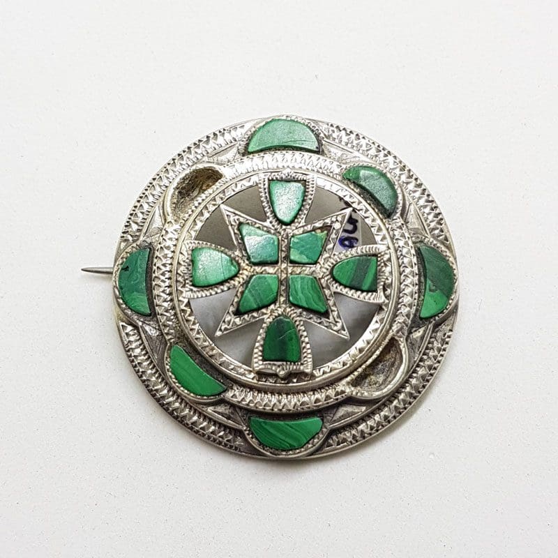 Sterling Silver Large Round Malachite Scottish Brooch - Antique / Vintage