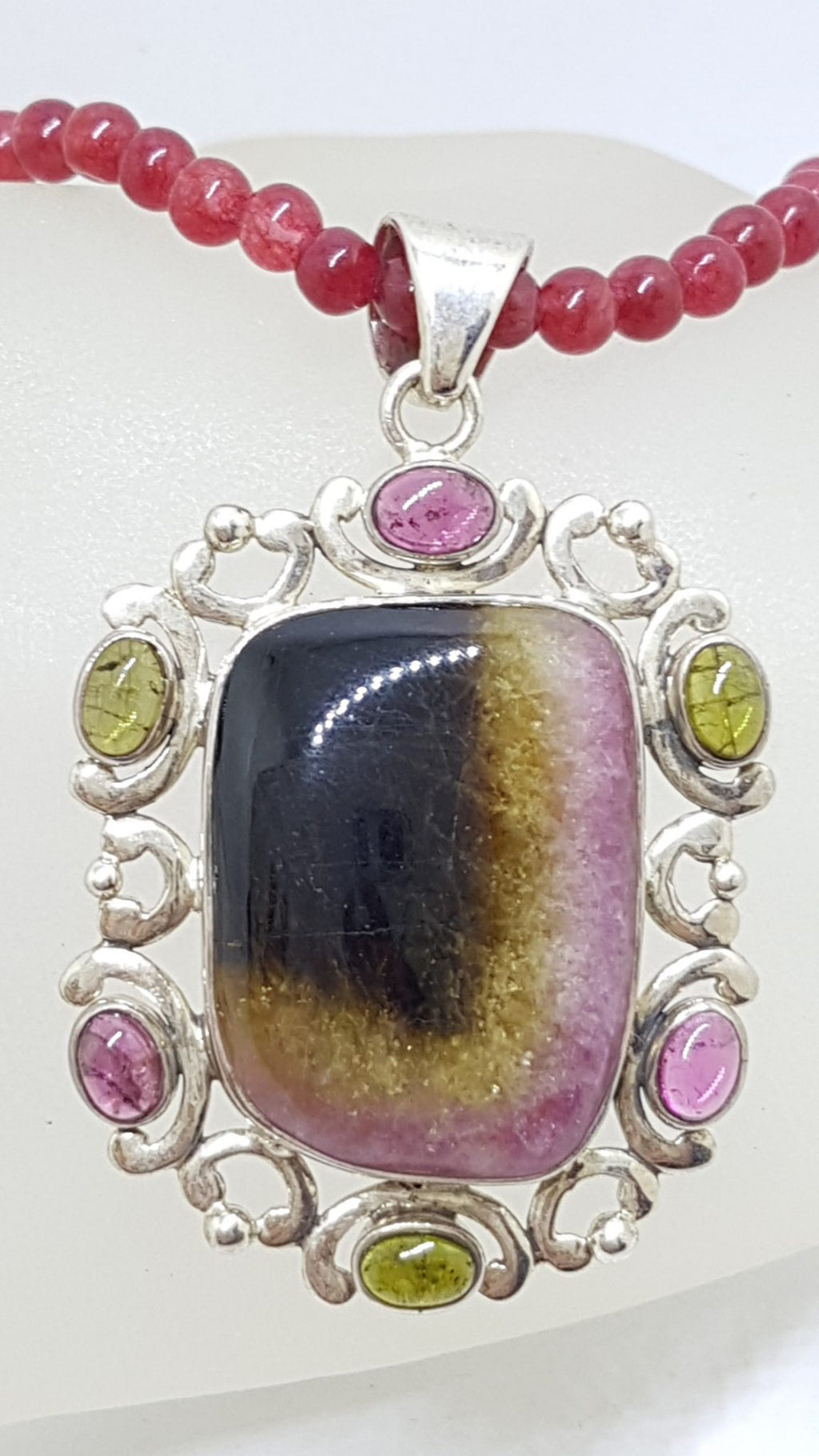 Sterling Silver Large Ornate Multi-Colour Tourmaline Pendant on Gemstone Bead Chain - Pink, Green and Watermelon Tourmaline