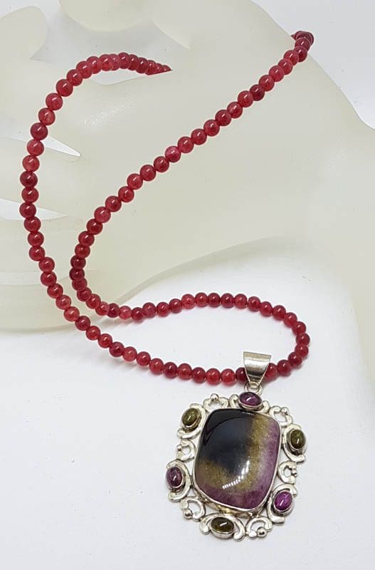 Sterling Silver Large Ornate Multi-Colour Tourmaline Pendant on Gemstone Bead Chain - Pink, Green and Watermelon Tourmaline