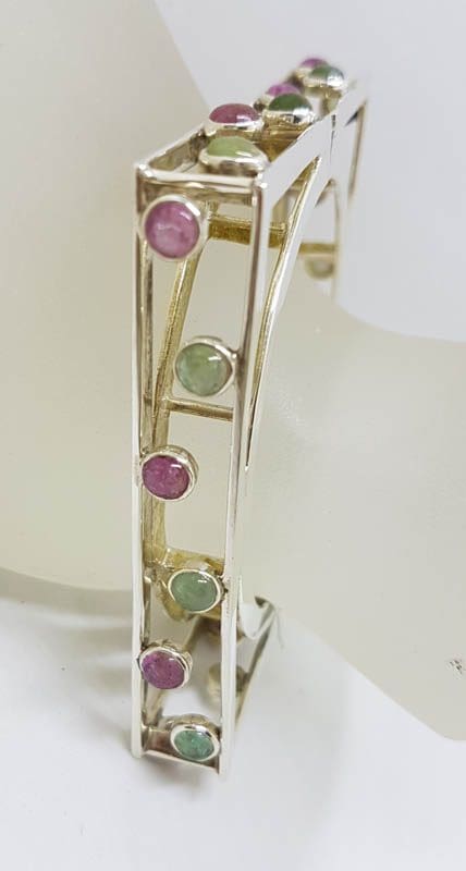 Sterling Silver Large Square Unusual Pink &amp; Green Tourmaline Bangle - Hinged