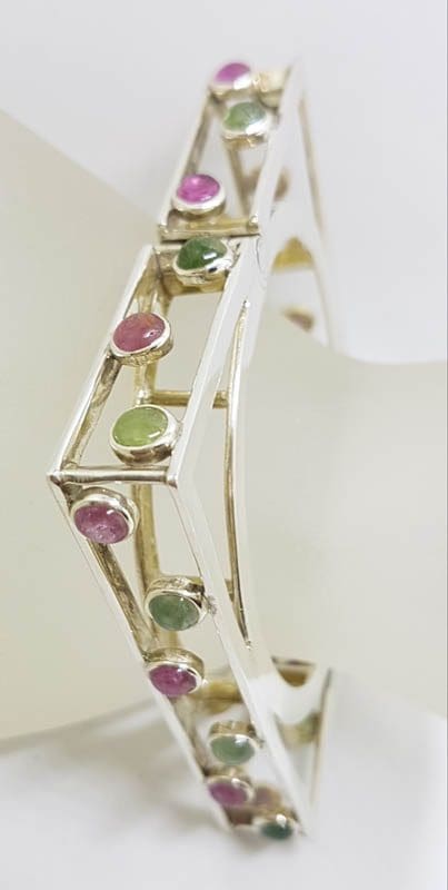 Sterling Silver Large Square Unusual Pink &amp; Green Tourmaline Bangle - Hinged