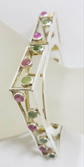 Sterling Silver Large Square Unusual Pink &amp; Green Tourmaline Bangle - Hinged