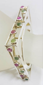 Sterling Silver Large Square Unusual Pink &amp; Green Tourmaline Bangle - Hinged