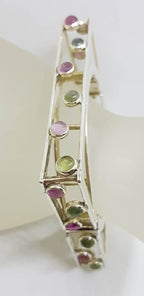 Sterling Silver Large Square Unusual Pink &amp; Green Tourmaline Bangle - Hinged