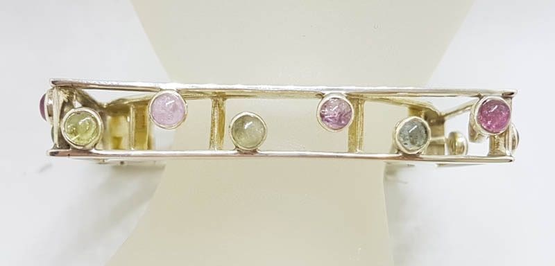 Sterling Silver Large Square Unusual Pink &amp; Green Tourmaline Bangle - Hinged