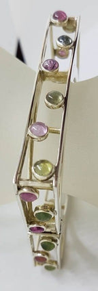 Sterling Silver Large Square Unusual Pink &amp; Green Tourmaline Bangle - Hinged