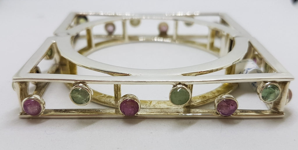 Sterling Silver Large Square Unusual Pink &amp; Green Tourmaline Bangle - Hinged