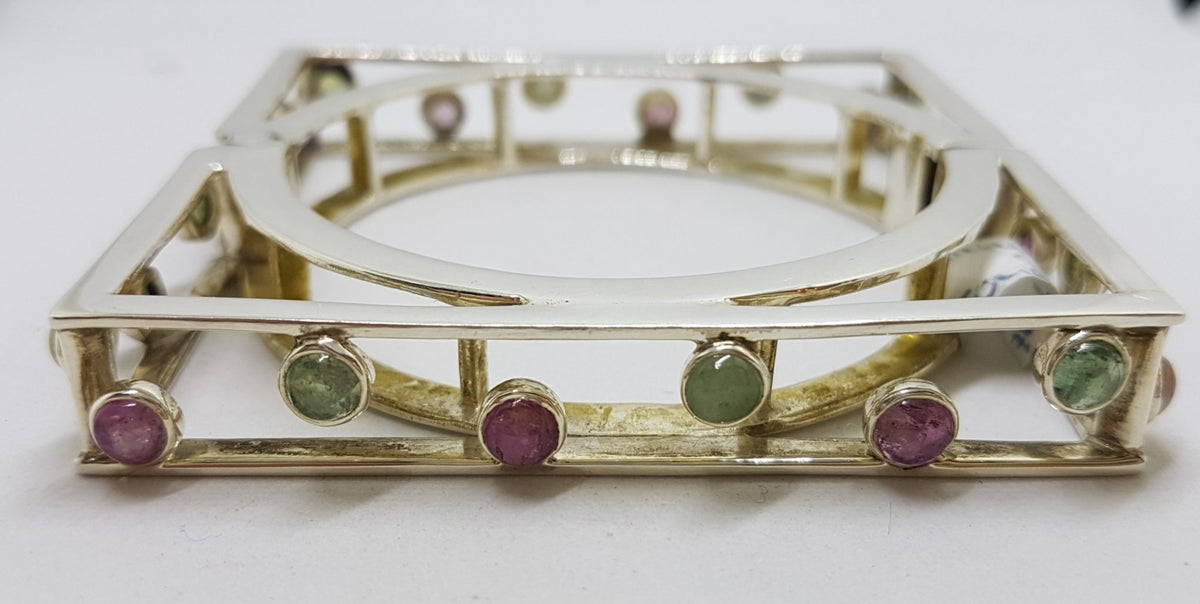 Sterling Silver Large Square Unusual Pink &amp; Green Tourmaline Bangle - Hinged