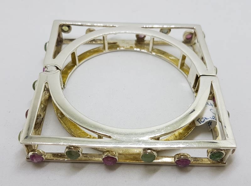Sterling Silver Large Square Unusual Pink &amp; Green Tourmaline Bangle - Hinged
