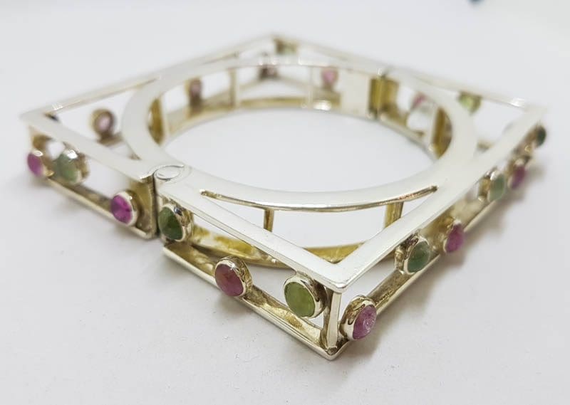 Sterling Silver Large Square Unusual Pink &amp; Green Tourmaline Bangle - Hinged