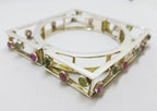 Sterling Silver Large Square Unusual Pink &amp; Green Tourmaline Bangle - Hinged