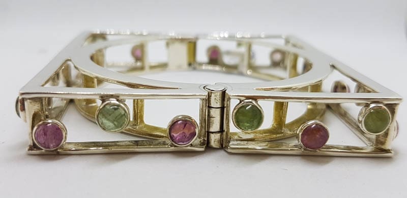 Sterling Silver Large Square Unusual Pink &amp; Green Tourmaline Bangle - Hinged