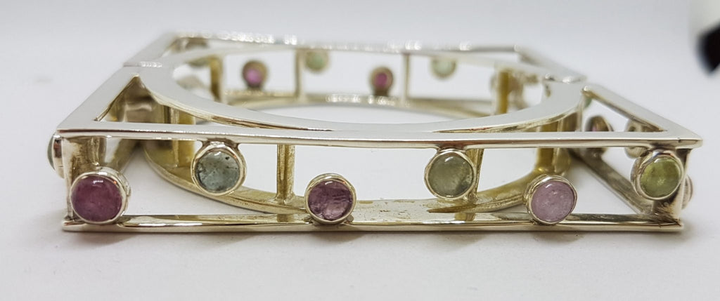 Sterling Silver Large Square Unusual Pink &amp; Green Tourmaline Bangle - Hinged