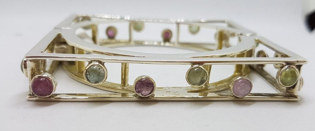 Sterling Silver Large Square Unusual Pink &amp; Green Tourmaline Bangle - Hinged