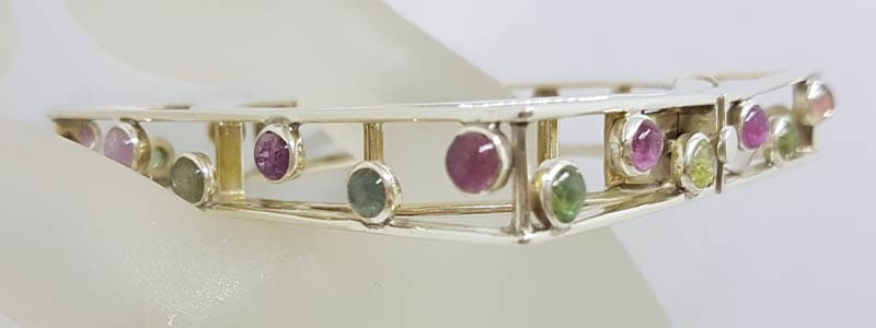 Sterling Silver Large Square Unusual Pink &amp; Green Tourmaline Bangle - Hinged