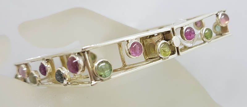 Sterling Silver Large Square Unusual Pink &amp; Green Tourmaline Bangle - Hinged