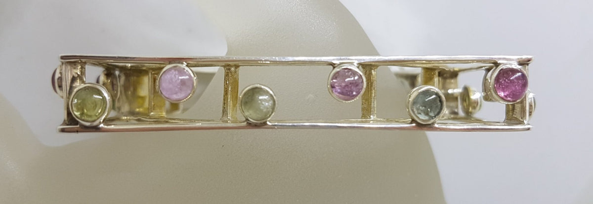 Sterling Silver Large Square Unusual Pink &amp; Green Tourmaline Bangle - Hinged