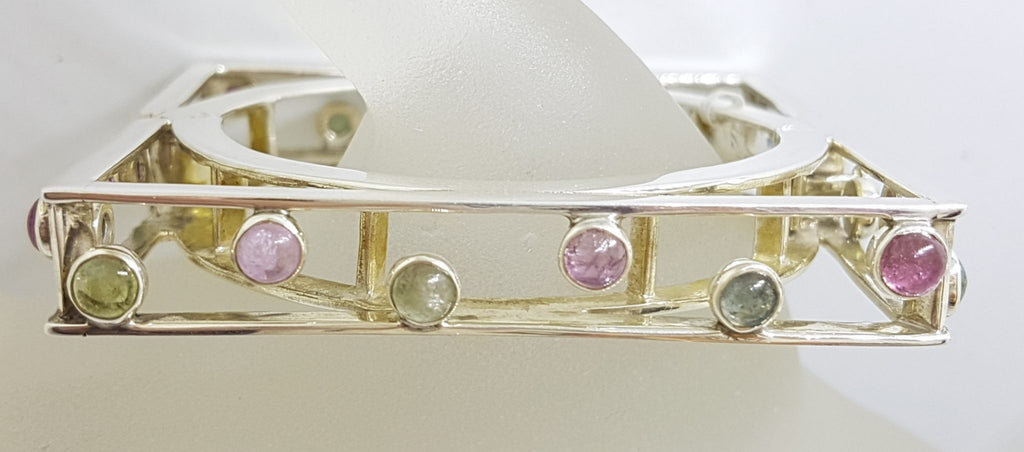 Sterling Silver Large Square Unusual Pink &amp; Green Tourmaline Bangle - Hinged