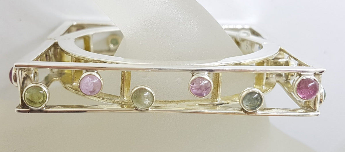 Sterling Silver Large Square Unusual Pink &amp; Green Tourmaline Bangle - Hinged