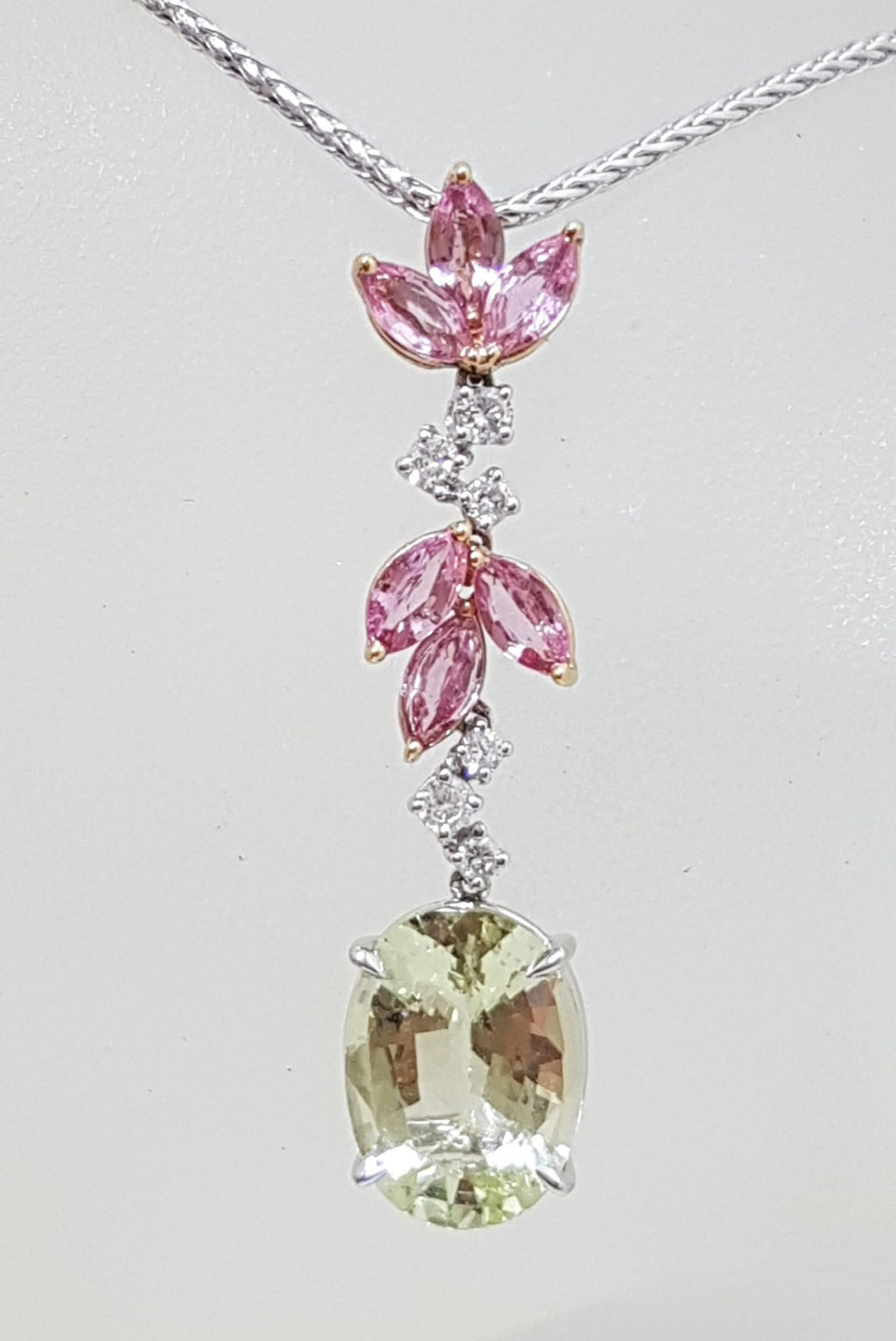 18ct White Gold Ornate Diamond, Pink Sapphire and Lemon Quartz Long Drop Pendant on Gold Chain