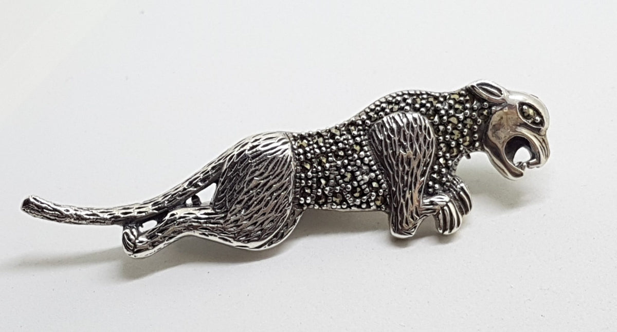 Sterling Silver Marcasite Big Cat Brooch - Puma / Jaguar - Long