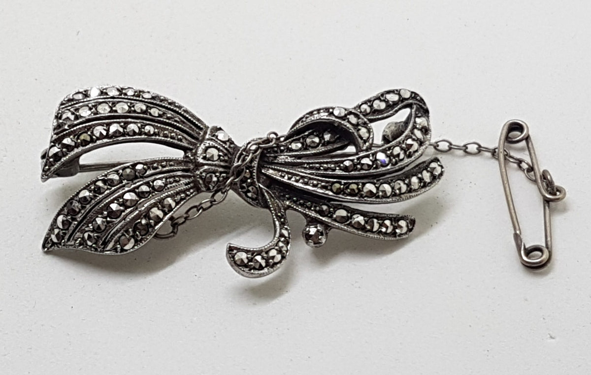 Sterling Silver Vintage Marcasite Large Ornate Bow Design Brooch