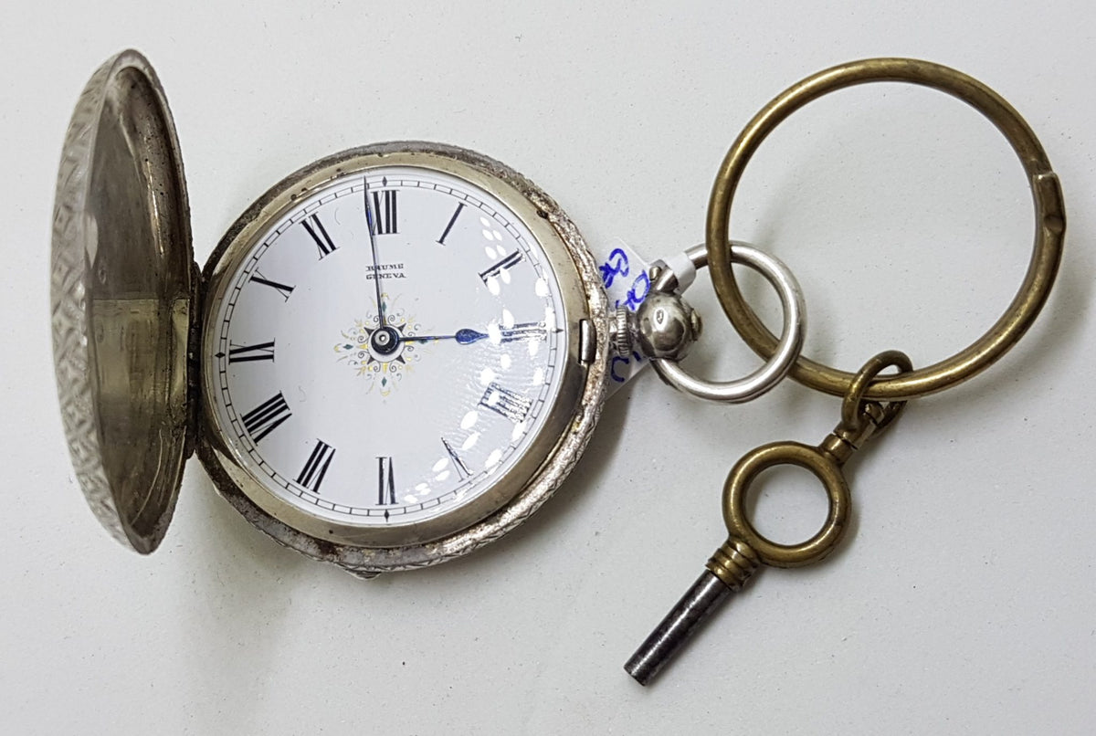 Sterling Silver Fob / Pocket Watch Ornate Floral Motif - Geneva - Antique / Vintage
